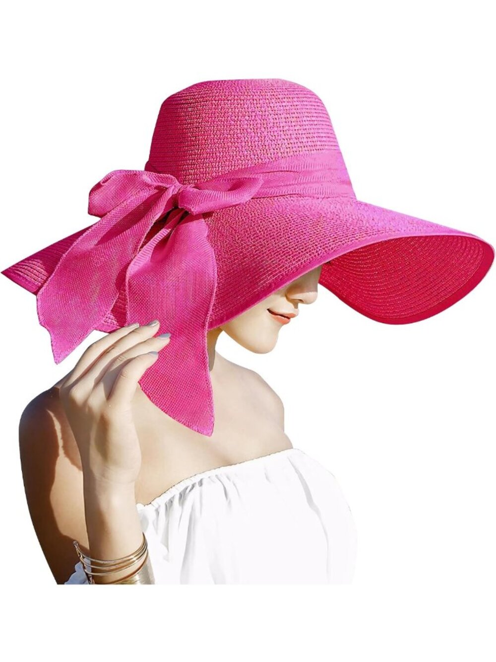 Women’s 5.7” Big Bow Straw Hat - Floppy, Foldable Beach Cap with UPF 50+ Sun